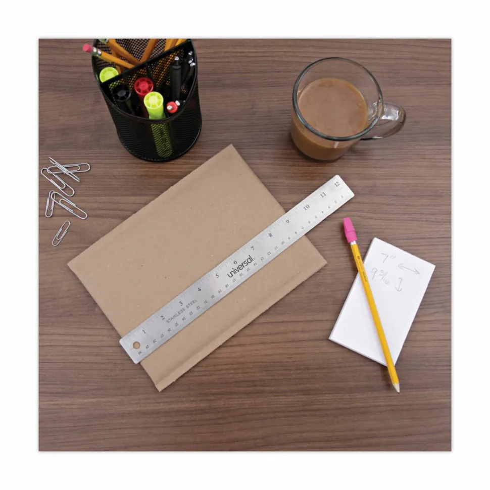 Universal Stainless Steel Ruler with Cork Back and Hanging Hole, Standard/Metric, 12" Long