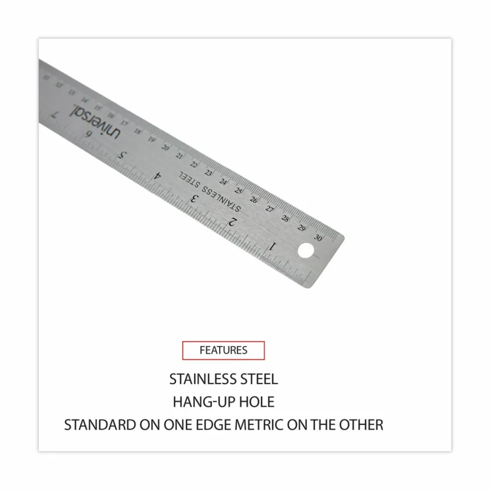 Universal Stainless Steel Ruler with Cork Back and Hanging Hole, Standard/Metric, 12" Long