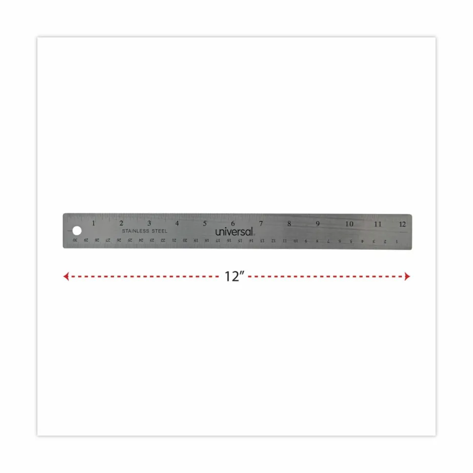 Universal Stainless Steel Ruler with Cork Back and Hanging Hole, Standard/Metric, 12" Long