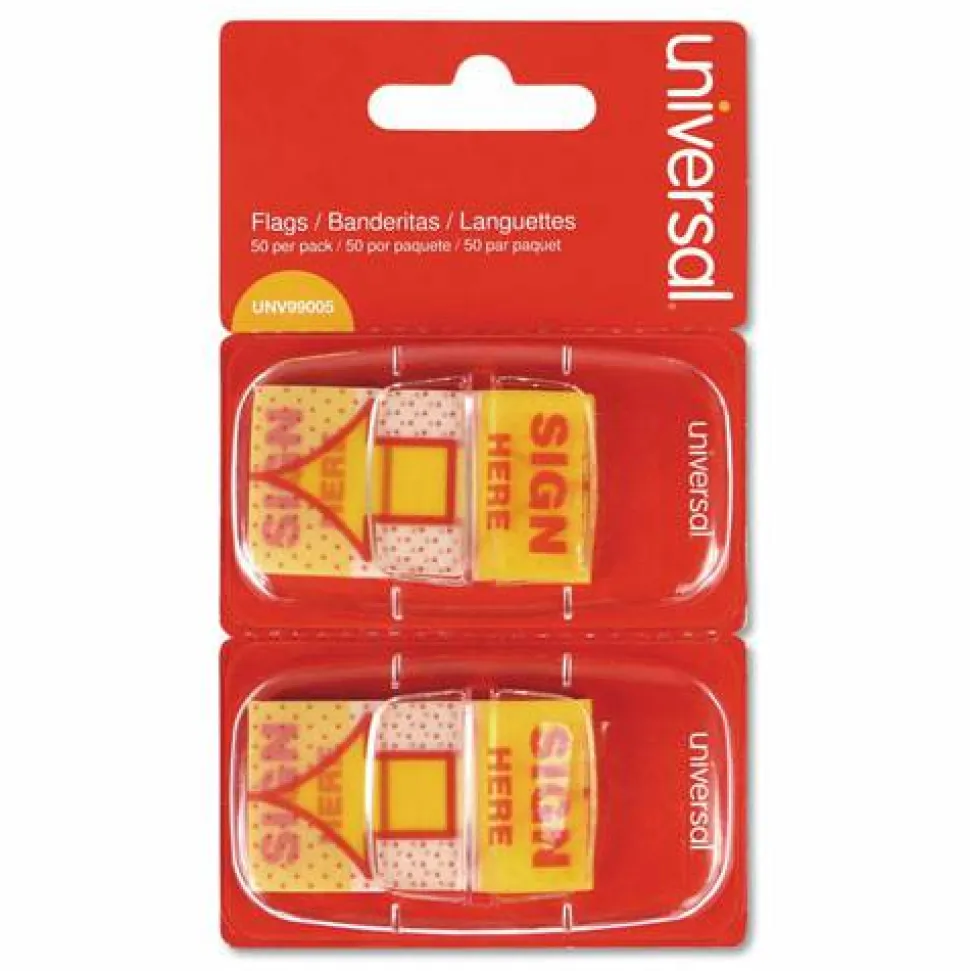 Universal Arrow Page Flags, "Sign Here", Yellow/Red, 50 Flags/Dispenser, 2 Dispensers/Pack