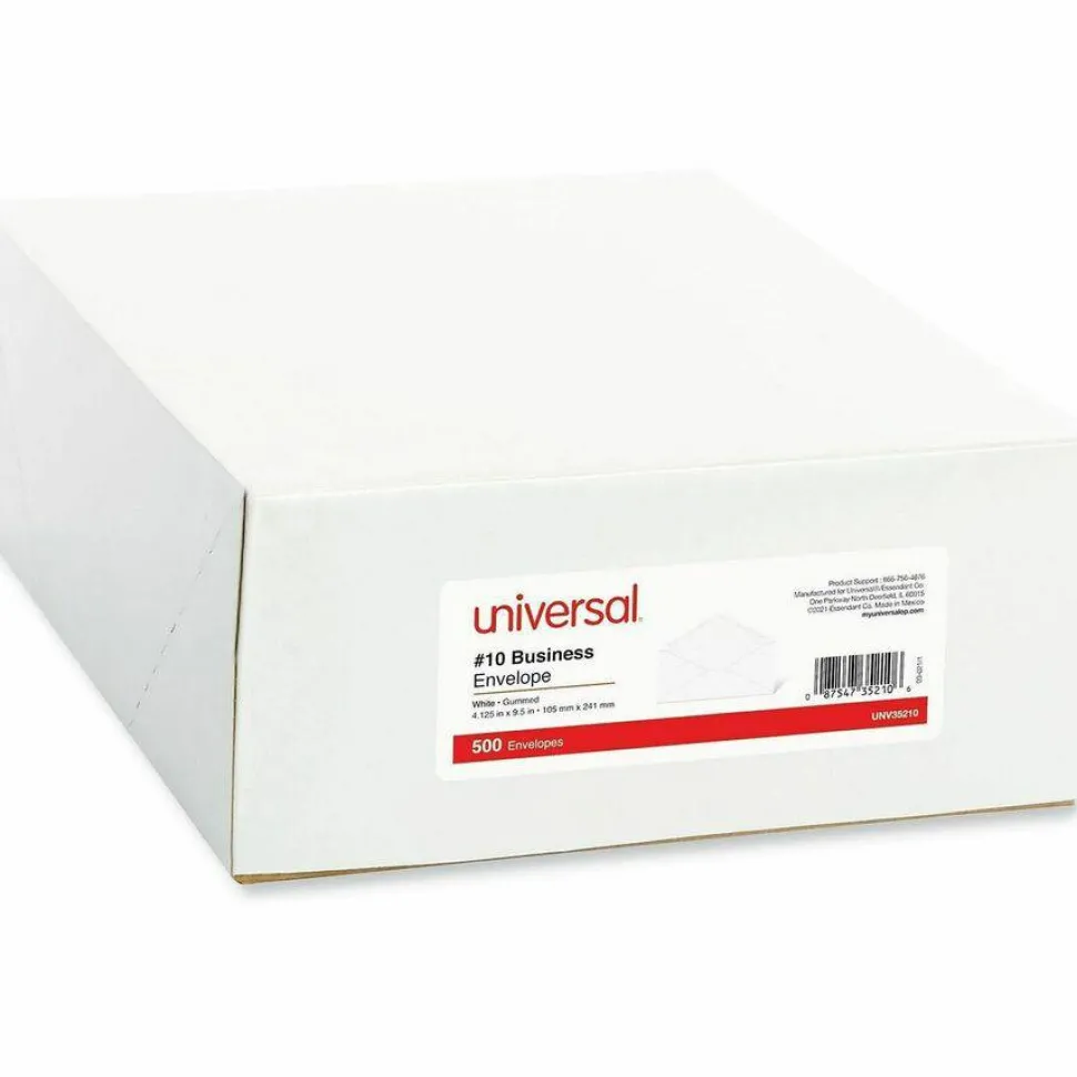 Universal #10 Business Envelopes, Gummed Seal, White, Box Of 500