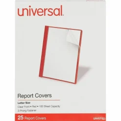 Universal Clear Front Report Cover, Prong Fastener, 0.5" Capacity, 8.5 x 11, Clear/Red, 25/Box