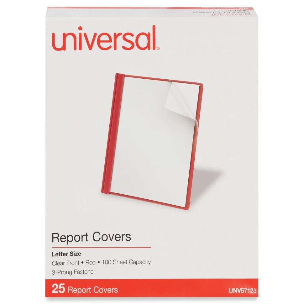Universal Clear Front Report Cover, Prong Fastener, 0.5" Capacity, 8.5 x 11, Clear/Red, 25/Box
