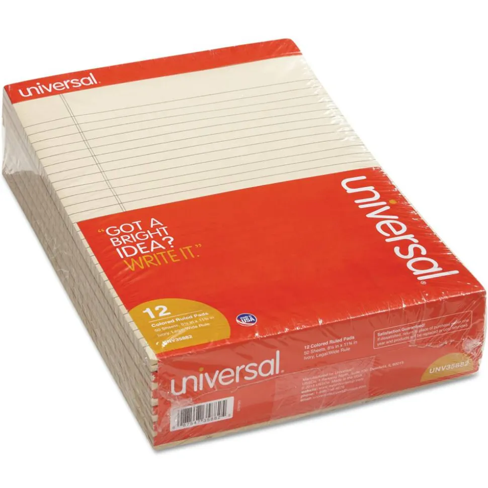 Universal Color Perforated Notepads, 8 1/2" x 11", Legal Ruled, 100 Pages (50 Sheets), Ivory, Pack Of 12