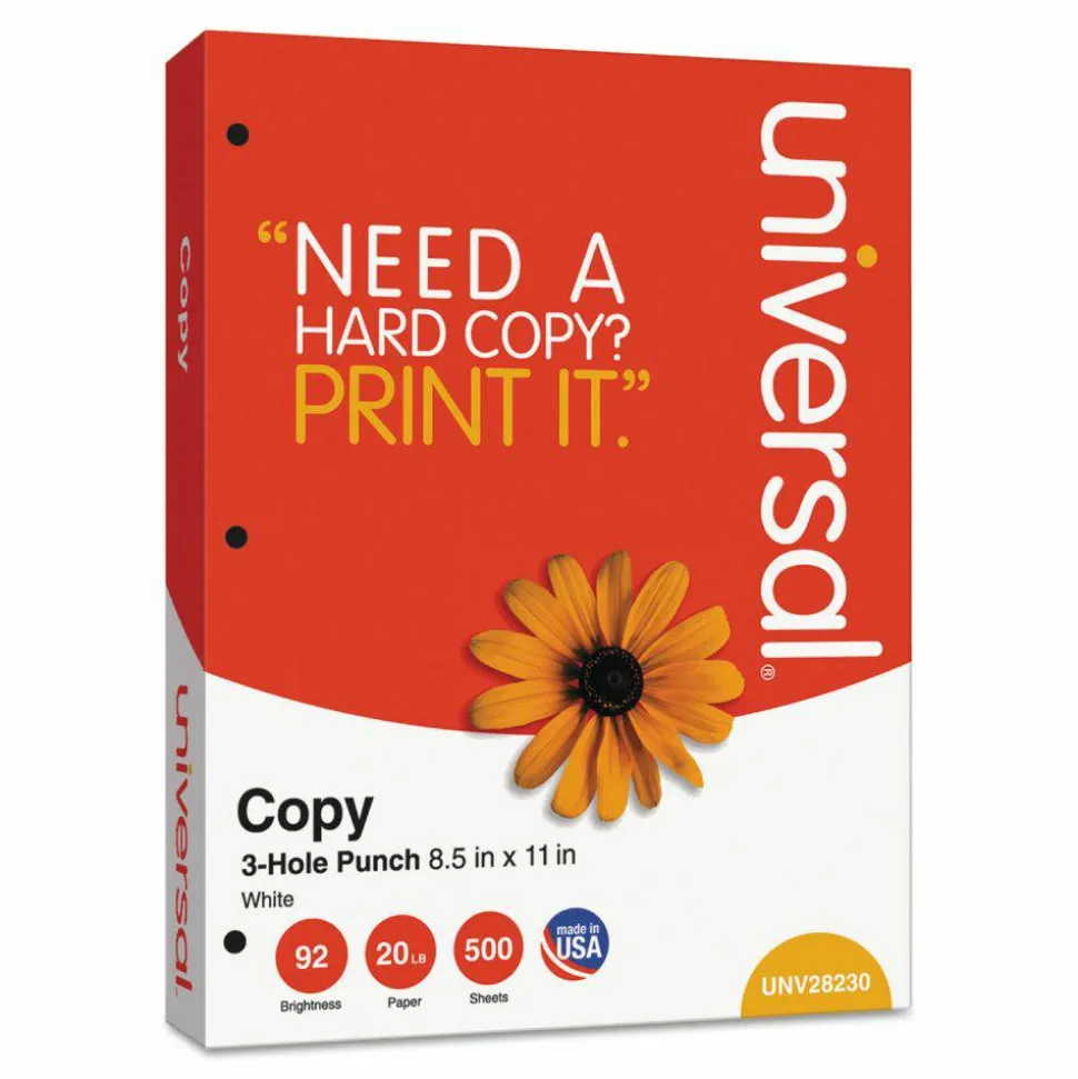 Universal Copy Paper, 92 Bright, 3-Hole, 20 lb Bond Weight, 8.5 x 11, White, 500 Sheets/Ream, 10 Reams/Carton