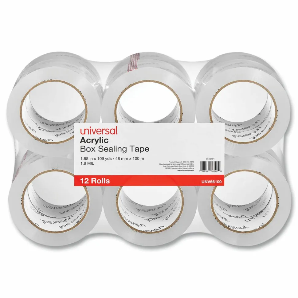 Universal Deluxe General-Purpose Acrylic Box Sealing Tape, 3" Core, 1.88" x 109 yds, Clear, 12/Pack