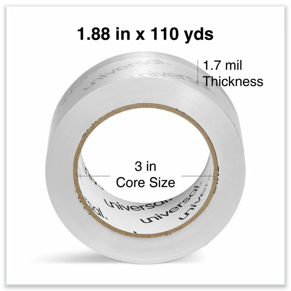 Universal Deluxe General-Purpose Acrylic Box Sealing Tape, 1.7 mil, 3" Core, 1.88" x 109 yds, Clear, 6/Pack