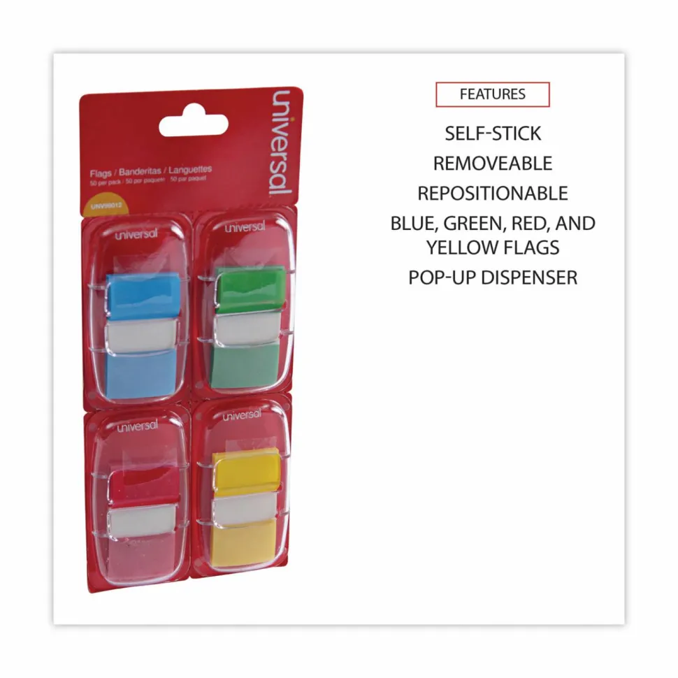 Universal Deluxe Pop-Up Page Flags, 1 x 1.75, Four Assorted Colors, 50 Flags/Dispenser, 4 Dispensers/Pack
