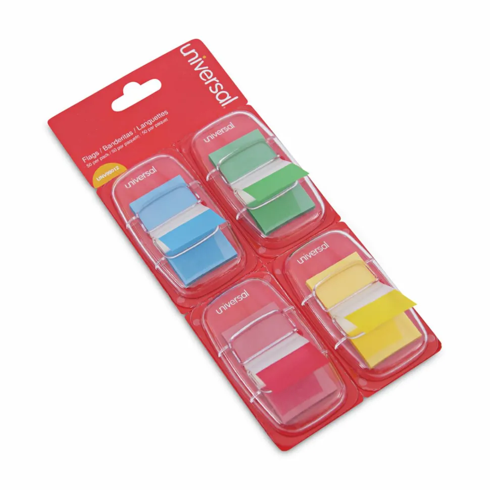 Universal Deluxe Pop-Up Page Flags, 1 x 1.75, Four Assorted Colors, 50 Flags/Dispenser, 4 Dispensers/Pack