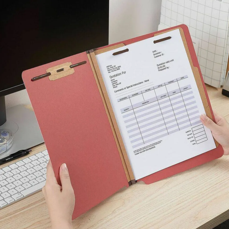 Universal Deluxe Pressboard End Tab Classification Folders, Expands 2", 2 Dividers, 6 Fasteners, Letter Size, Bright Red, 10/Box