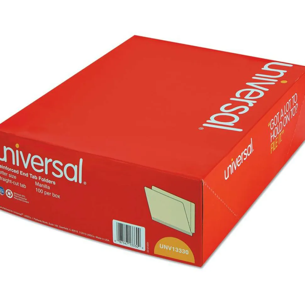 Universal Deluxe Reinforced End Tab Folders, Straight Tabs, Letter Size, 0.75" Expansion, Manila, 100/Box
