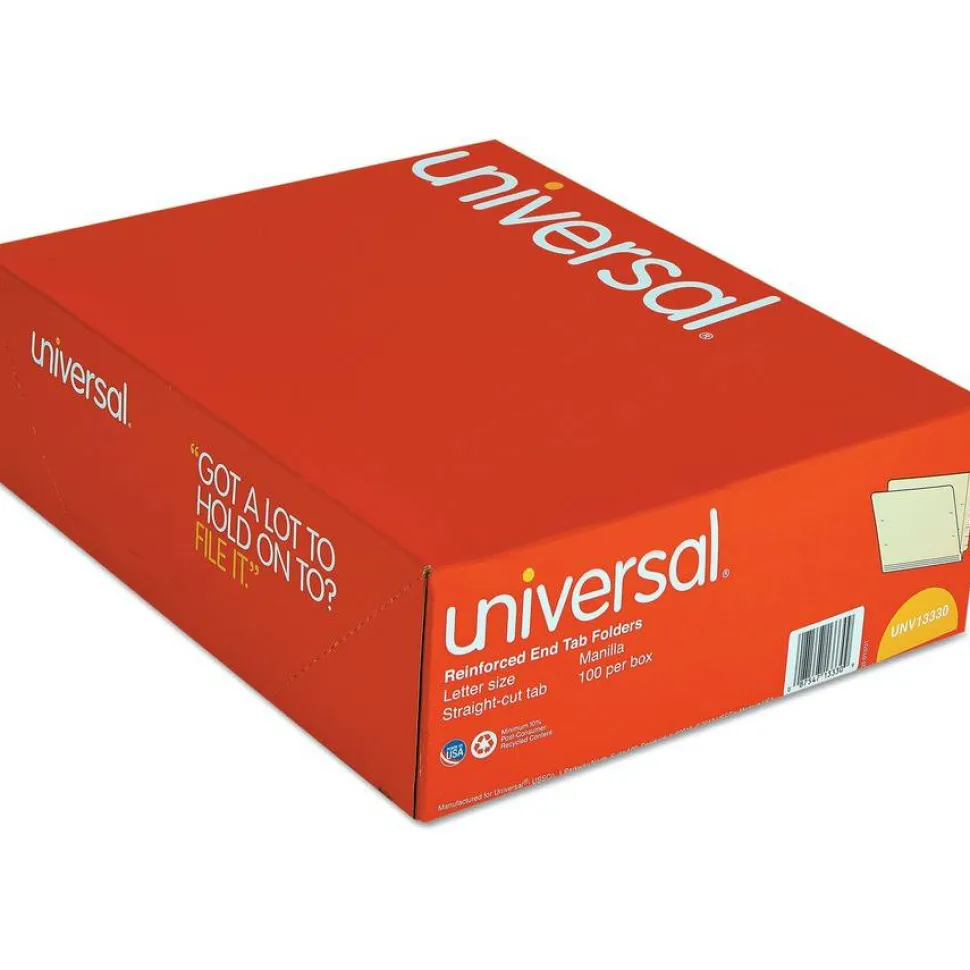 Universal Deluxe Reinforced End Tab Folders, Straight Tabs, Letter Size, 0.75" Expansion, Manila, 100/Box