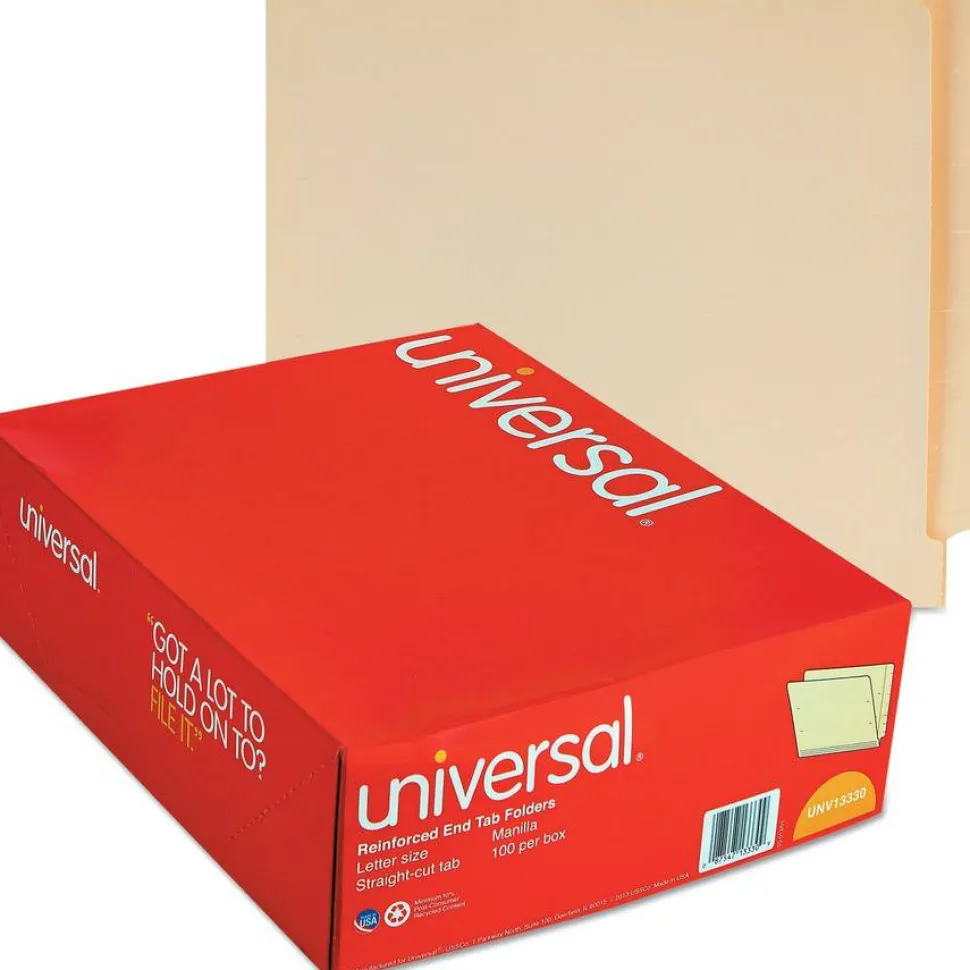 Universal Deluxe Reinforced End Tab Folders, Straight Tabs, Letter Size, 0.75" Expansion, Manila, 100/Box