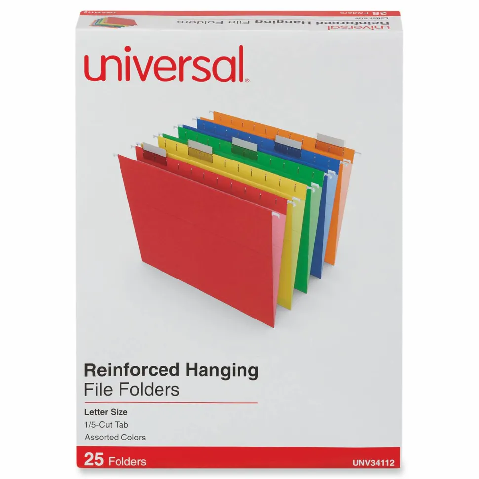 Universal Deluxe Reinforced Recycled Hanging File Folders, Letter Size, 1/5-Cut Tabs, Assorted, 25/Box