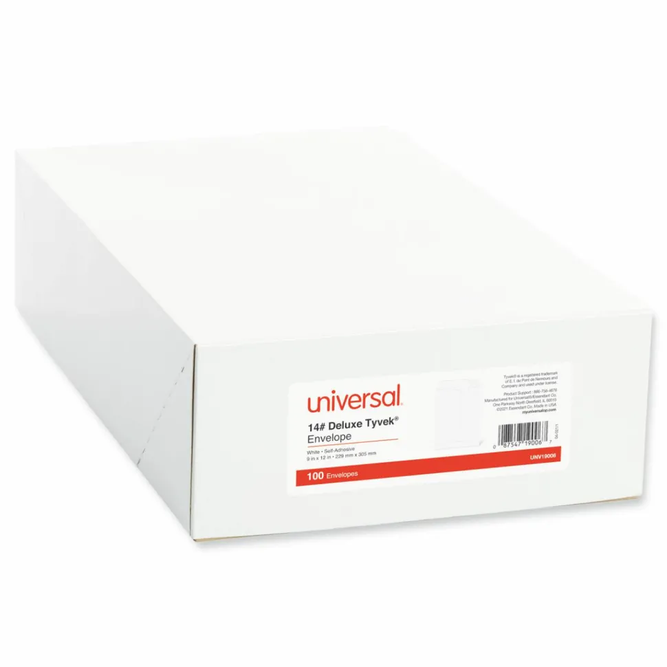 Universal Deluxe Tyvek Envelopes, #10 1/2, Square Flap, Self-Adhesive Closure, 9 x 12, White, 100/Box