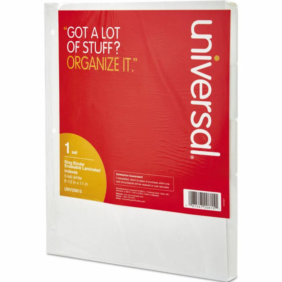 Universal Deluxe Write-On/Erasable Tab Index, 5-Tab, 11 x 8.5, White, White Tabs, 1 Set