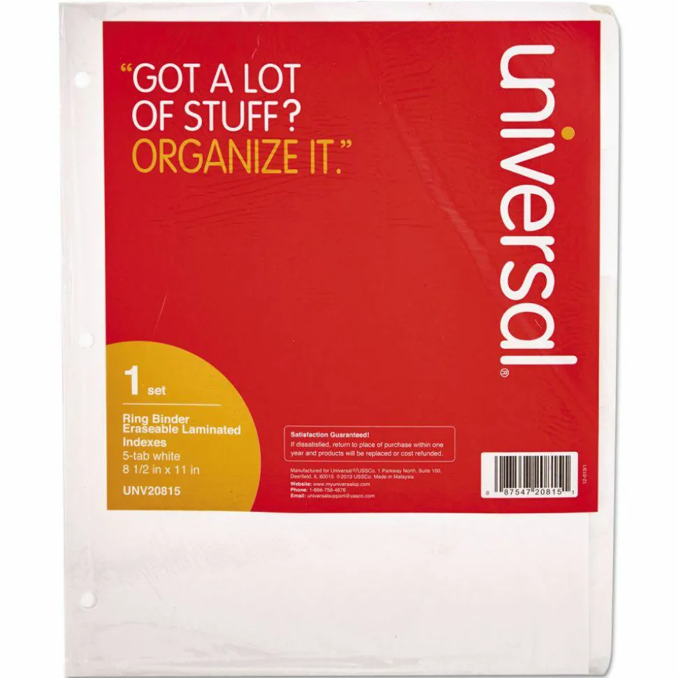 Universal Deluxe Write-On/Erasable Tab Index, 5-Tab, 11 x 8.5, White, White Tabs, 1 Set