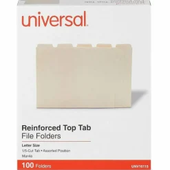 Universal Double-Ply Top Tab Manila File Folders, 1/5-Cut Tabs: Assorted, Letter Size, 0.75" Expansion, Manila, 100/Box