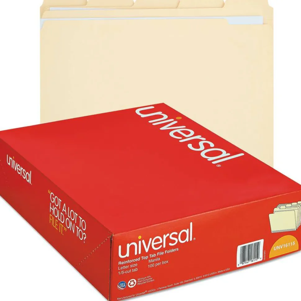 Universal Double-Ply Top Tab Manila File Folders, 1/5-Cut Tabs: Assorted, Letter Size, 0.75" Expansion, Manila, 100/Box
