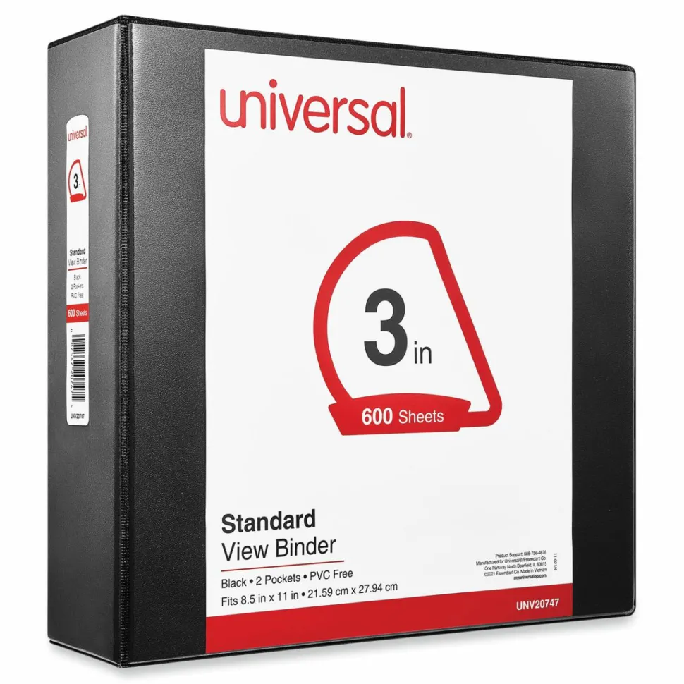 Universal Economy D-Ring Vinyl View Binder, 8 1/2" x 11", 3" Capacity, Black