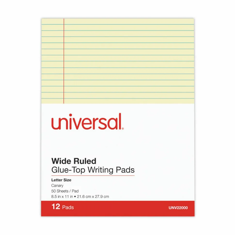 Universal Glue Top Pads, Wide/Legal Rule, (50) Canary Yellow 8.5 x 11 Sheets, Dozen