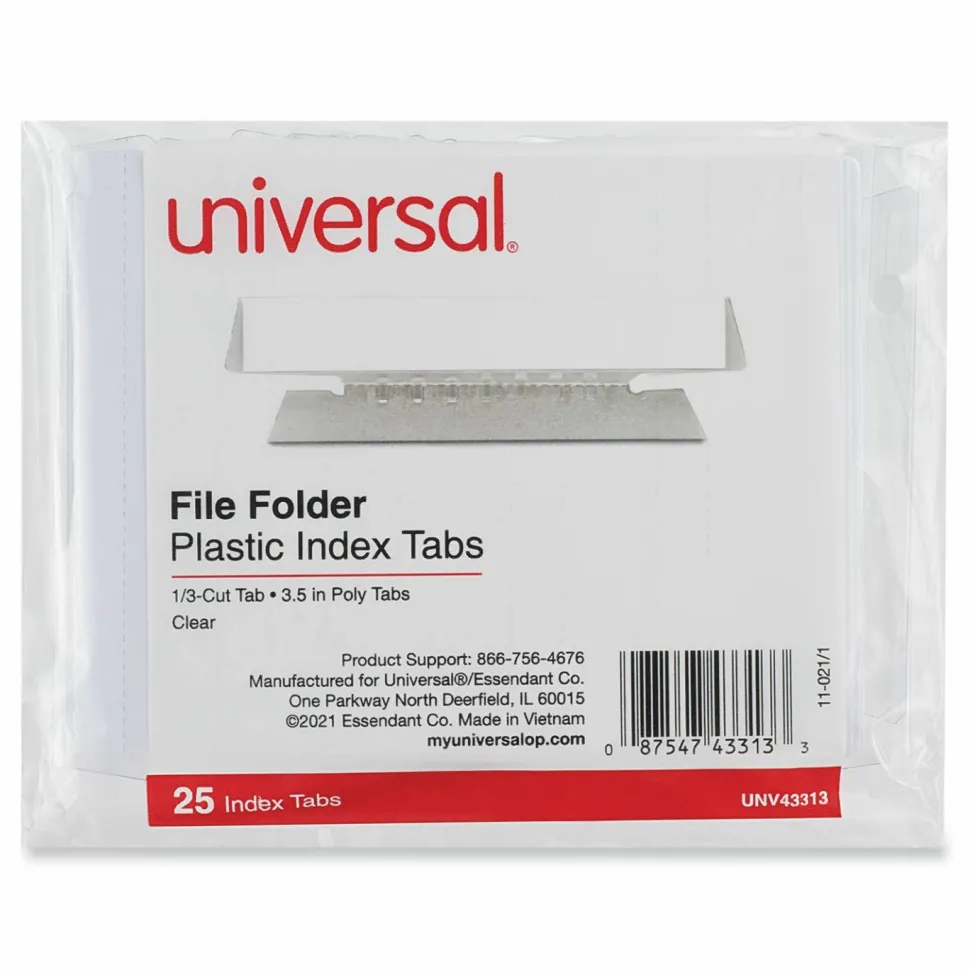 Universal Hanging File Folder Plastic Index Tabs, 1/3-Cut, Clear, 3.7" Wide, 25/Pack