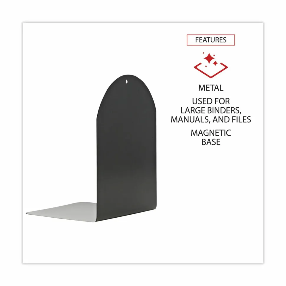 Universal Magnetic Bookends, Magnetic Base, 6 x 5 x 7, Metal, Black, Pair