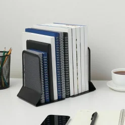 Universal Metal Mesh Bookends, Nonskid Base, 5.38 x 5.38 x 6.75, Black, Pair
