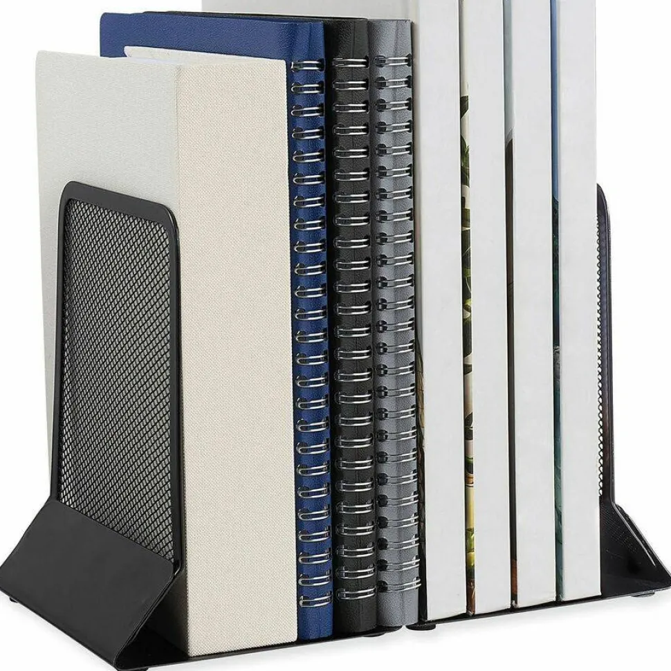 Universal Metal Mesh Bookends, Nonskid Base, 5.38 x 5.38 x 6.75, Black, Pair