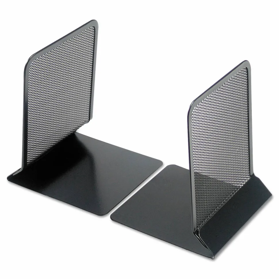 Universal Metal Mesh Bookends, Nonskid Base, 5.38 x 5.38 x 6.75, Black, Pair