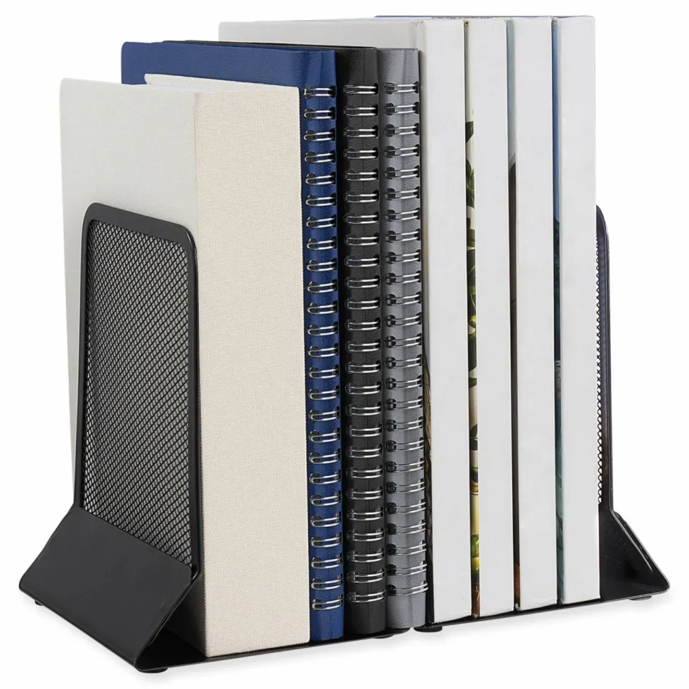 Universal Metal Mesh Bookends, Nonskid Base, 5.38 x 5.38 x 6.75, Black, Pair