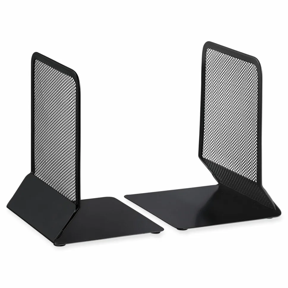 Universal Metal Mesh Bookends, Nonskid Base, 5.38 x 5.38 x 6.75, Black, Pair