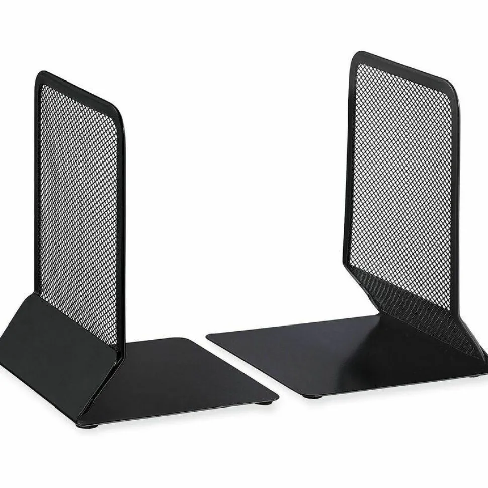 Universal Metal Mesh Bookends, Nonskid Base, 5.38 x 5.38 x 6.75, Black, Pair