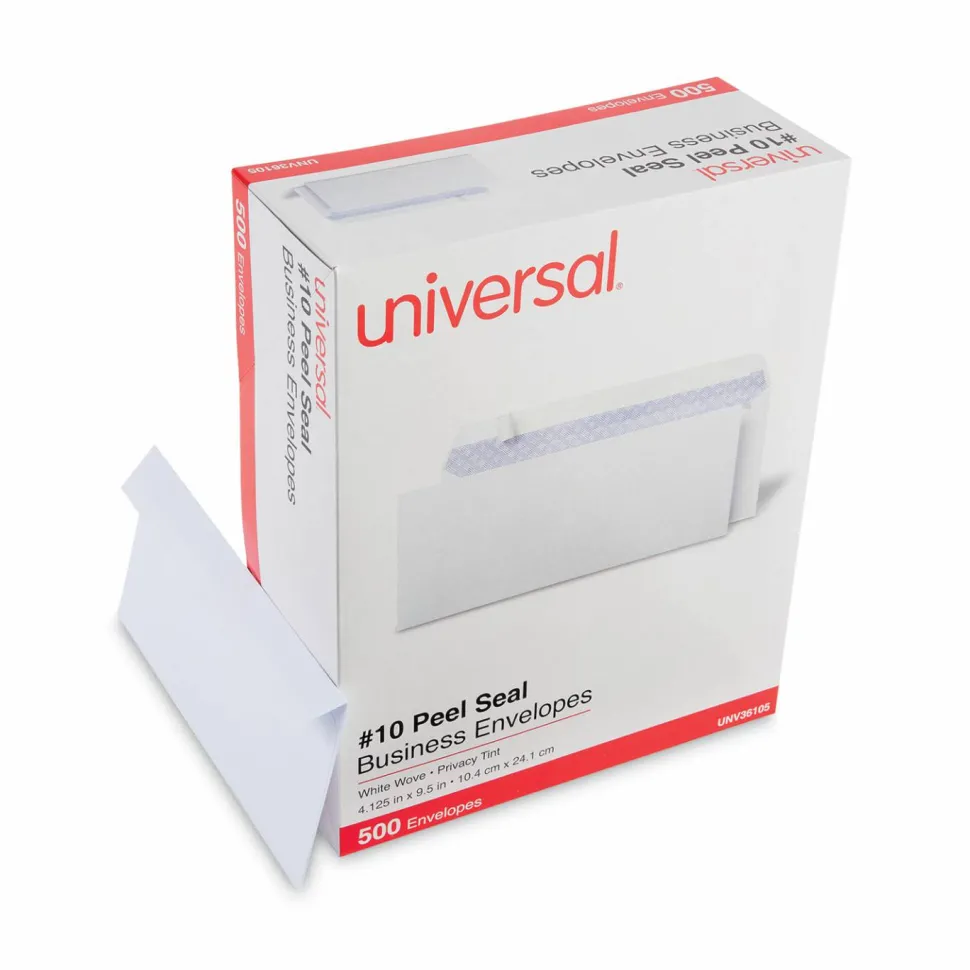Universal Peel Seal Strip Security Tint Business Envelope, #10, Square Flap, Self-Adhesive Closure, 4.25 x 9.63, White, 500/Box