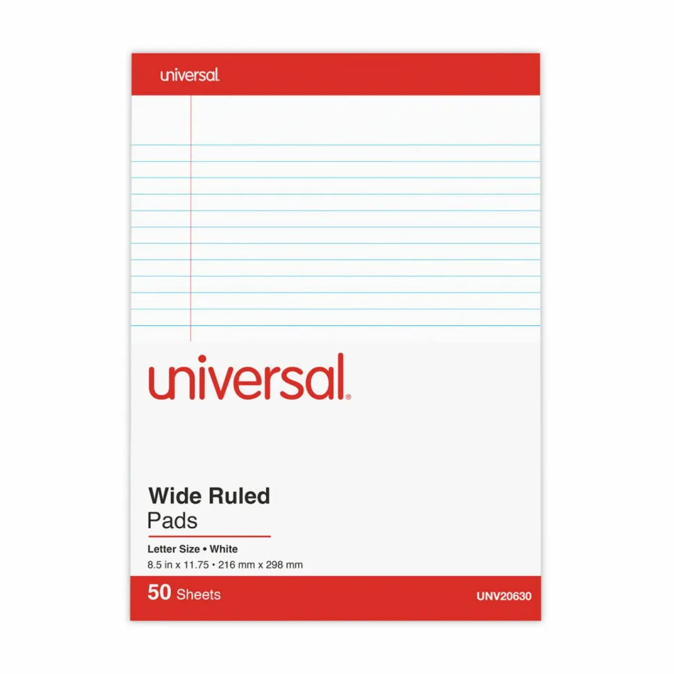 Universal Perforated Ruled Writing Pads, Red Headband, Wide/Legal Rule, (50) White 8.5 x 11 Sheets, Dozen