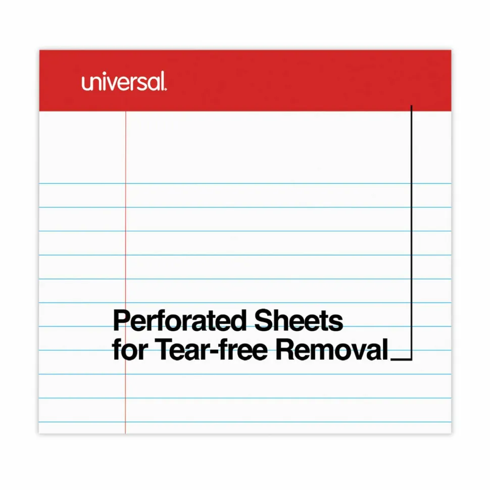 Universal Perforated Ruled Writing Pads, Red Headband, Wide/Legal Rule, (50) White 8.5 x 11 Sheets, Dozen