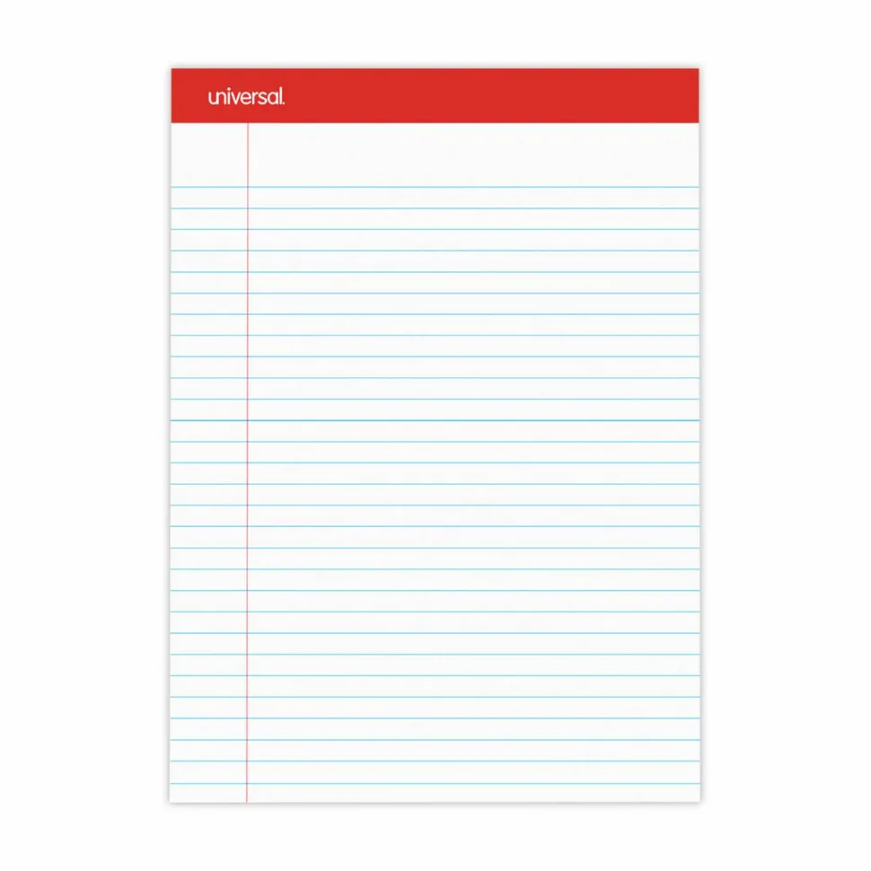 Universal Perforated Ruled Writing Pads, Red Headband, Wide/Legal Rule, (50) White 8.5 x 11 Sheets, Dozen
