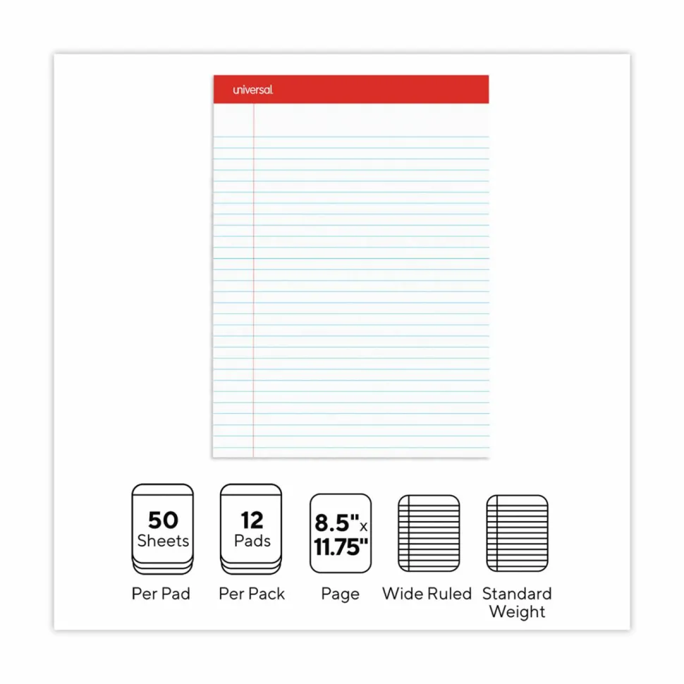 Universal Perforated Ruled Writing Pads, Red Headband, Wide/Legal Rule, (50) White 8.5 x 11 Sheets, Dozen