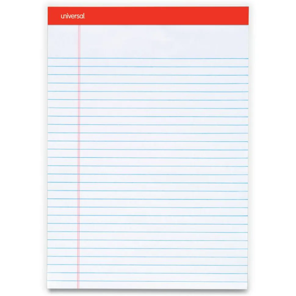 Universal Perforated Ruled Writing Pads, Red Headband, Wide/Legal Rule, (50) White 8.5 x 11 Sheets, Dozen