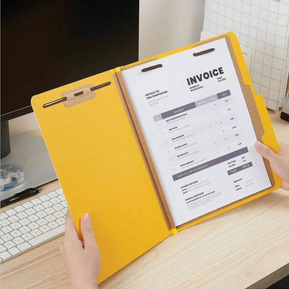 Universal Pressboard Classification Folders, 2/5-Cut Tab, Expands 2", 1 Divider, 4 Fasteners, Letter Size, Yellow, 10/Box