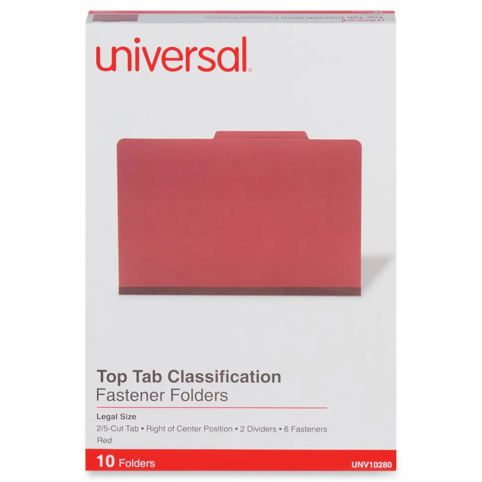 Universal Pressboard Classification Folders, 2/5-Cut Tab: Right of Center, Expands 2", 2 Dividers, 6 Fasteners, Legal Size, Red, 10/Box