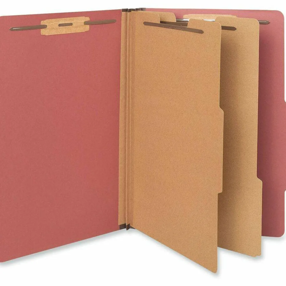 Universal Pressboard Classification Folders, 2/5-Cut Tab: Right of Center, Expands 2", 2 Dividers, 6 Fasteners, Legal Size, Red, 10/Box