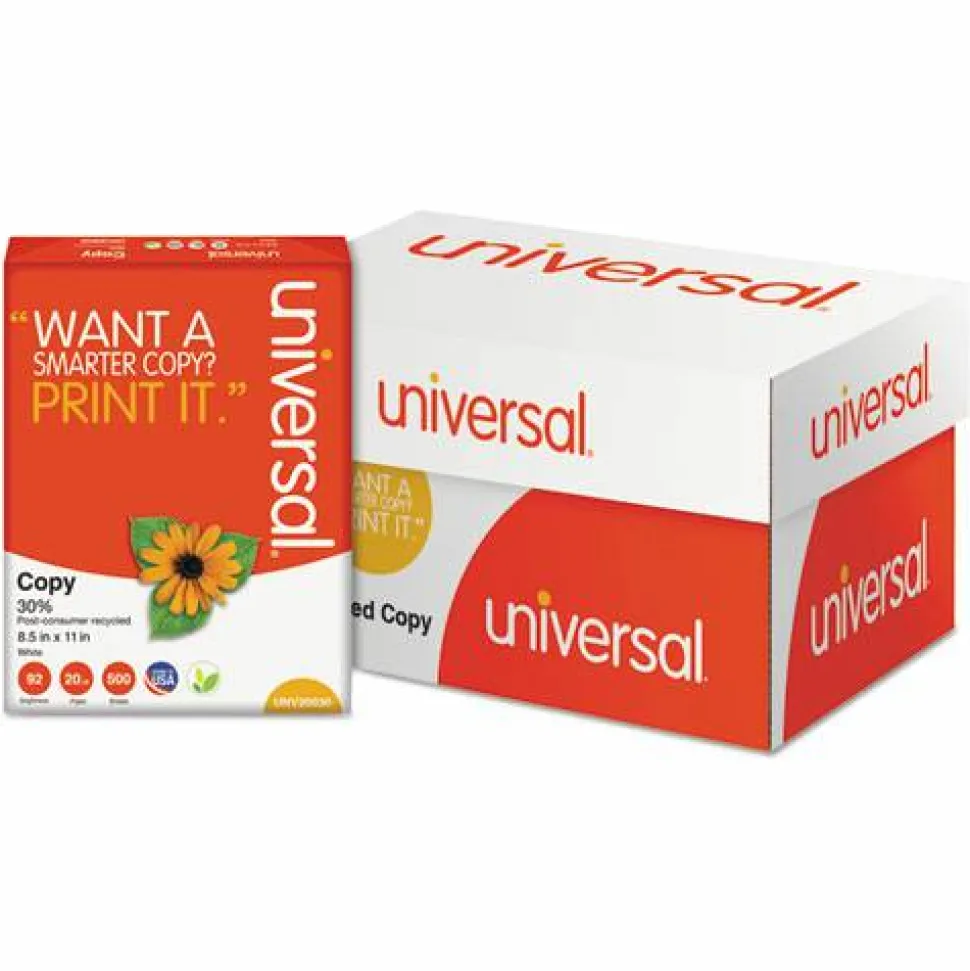 Universal 30% Recycled Copy Paper, 92 Bright, 20 lb Bond Weight, 8.5 x 11, White, 500 Sheets/Ream, 10 Reams/Carton