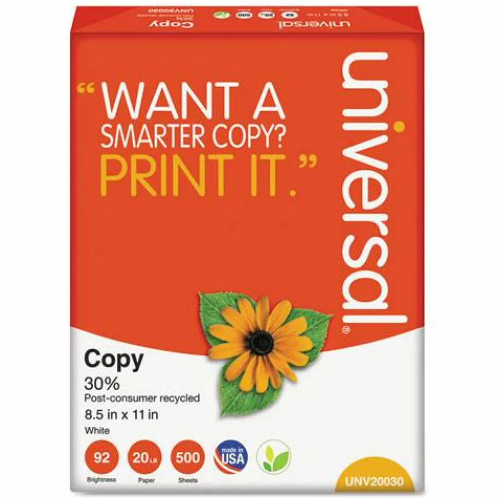 Universal 30% Recycled Copy Paper, 92 Bright, 20 lb Bond Weight, 8.5 x 11, White, 500 Sheets/Ream, 10 Reams/Carton