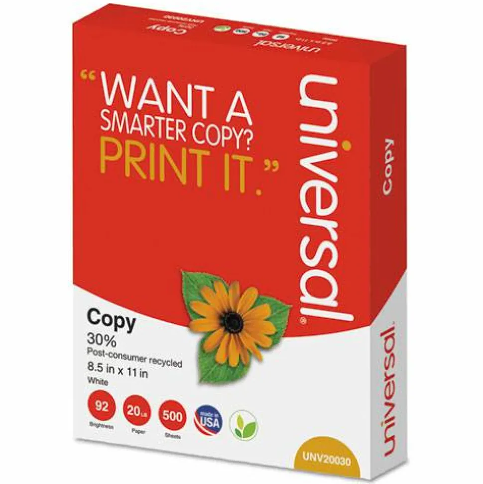 Universal 30% Recycled Copy Paper, 92 Bright, 20 lb Bond Weight, 8.5 x 11, White, 500 Sheets/Ream, 10 Reams/Carton