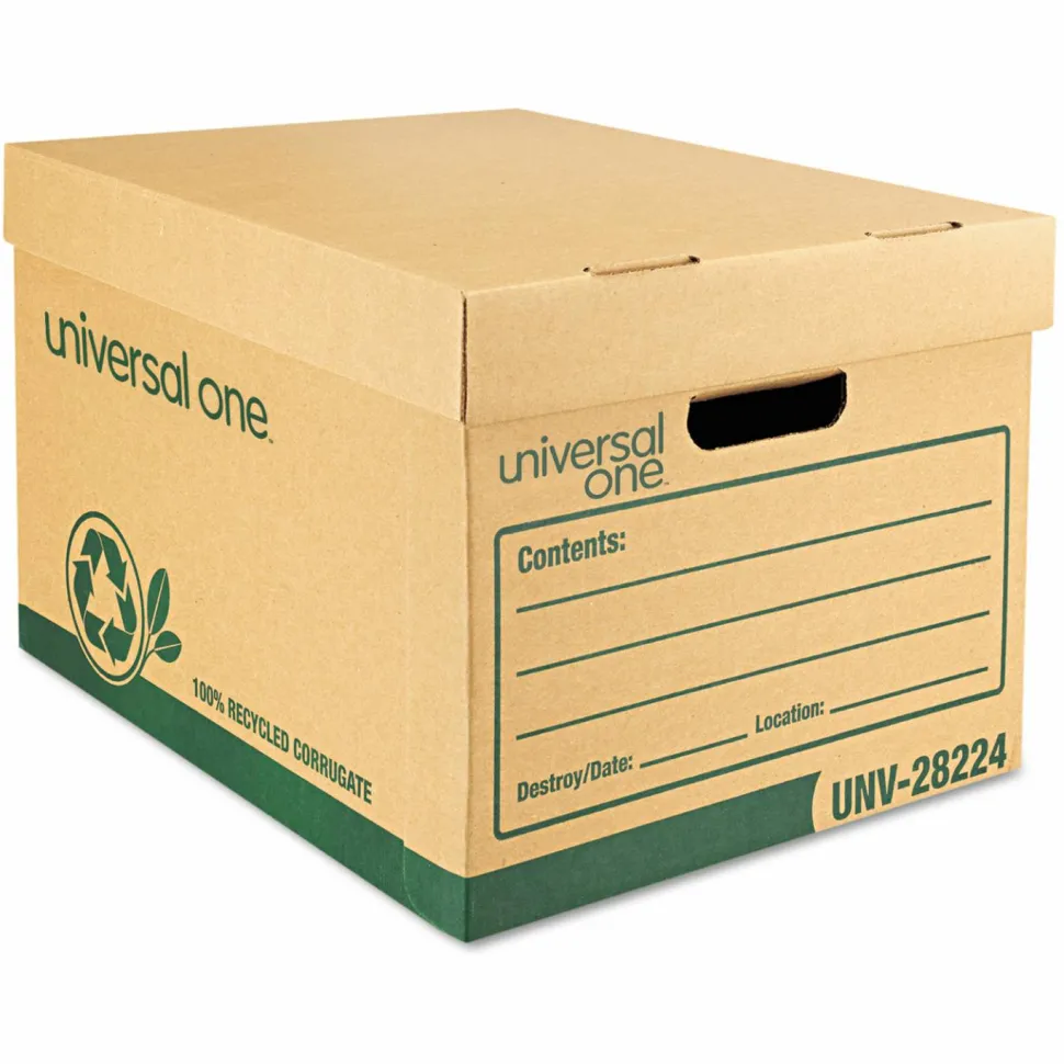 Universal Recycled Heavy-Duty Record Storage Box, Letter/Legal Files, Kraft/Green, 12/Carton