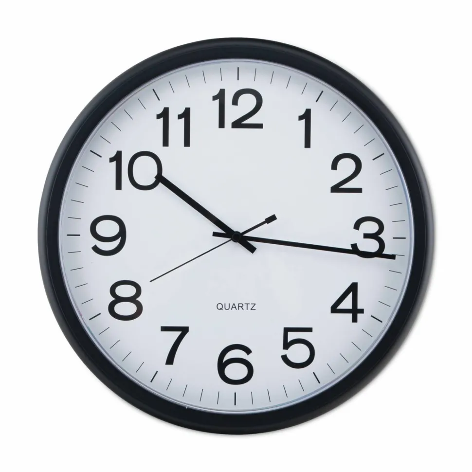 Universal Round Wall Clock, 13.5" Overall Diameter, Black Case, 1 AA (sold separately)