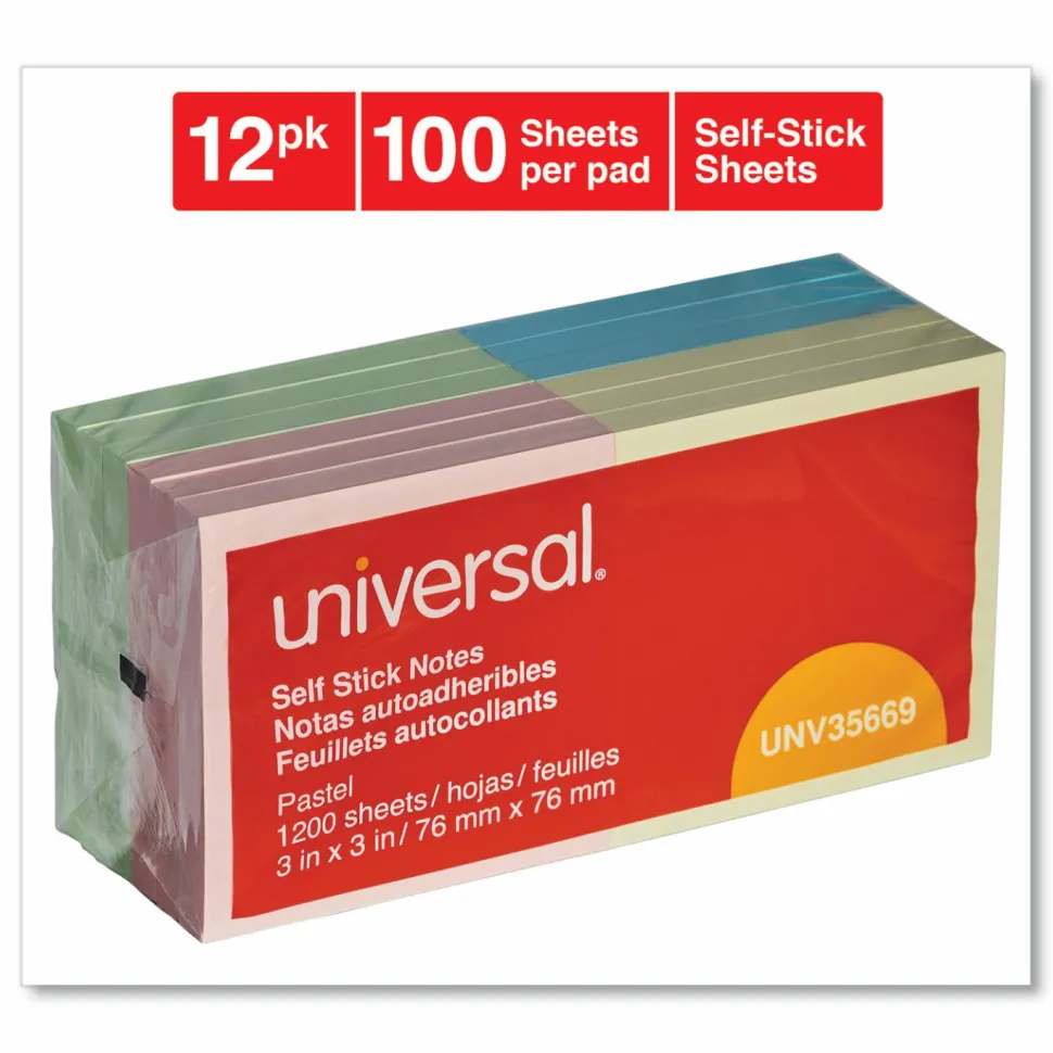 Universal Self-Stick Note Pads, 3" x 3", Assorted Pastel Colors, 100 Sheets/Pad, 12 Pads/Pack
