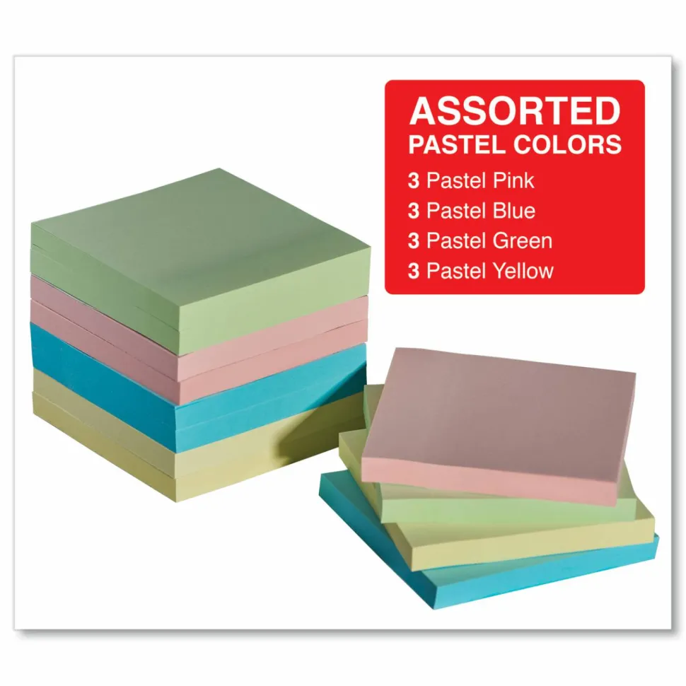 Universal Self-Stick Note Pads, 3" x 3", Assorted Pastel Colors, 100 Sheets/Pad, 12 Pads/Pack