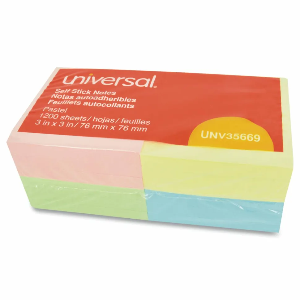 Universal Self-Stick Note Pads, 3" x 3", Assorted Pastel Colors, 100 Sheets/Pad, 12 Pads/Pack